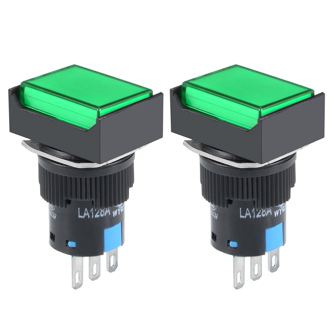 2pcs 16mm Latching Push Button Switch Green Square Button DPST 1 NO 1