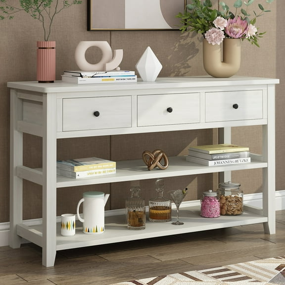 UWR-Nite Console Table, Retro Modern Design Sofa Table with Pine Solid Wood Frame and Legs, 2 Open Shelves, Entryway Table for Living Room