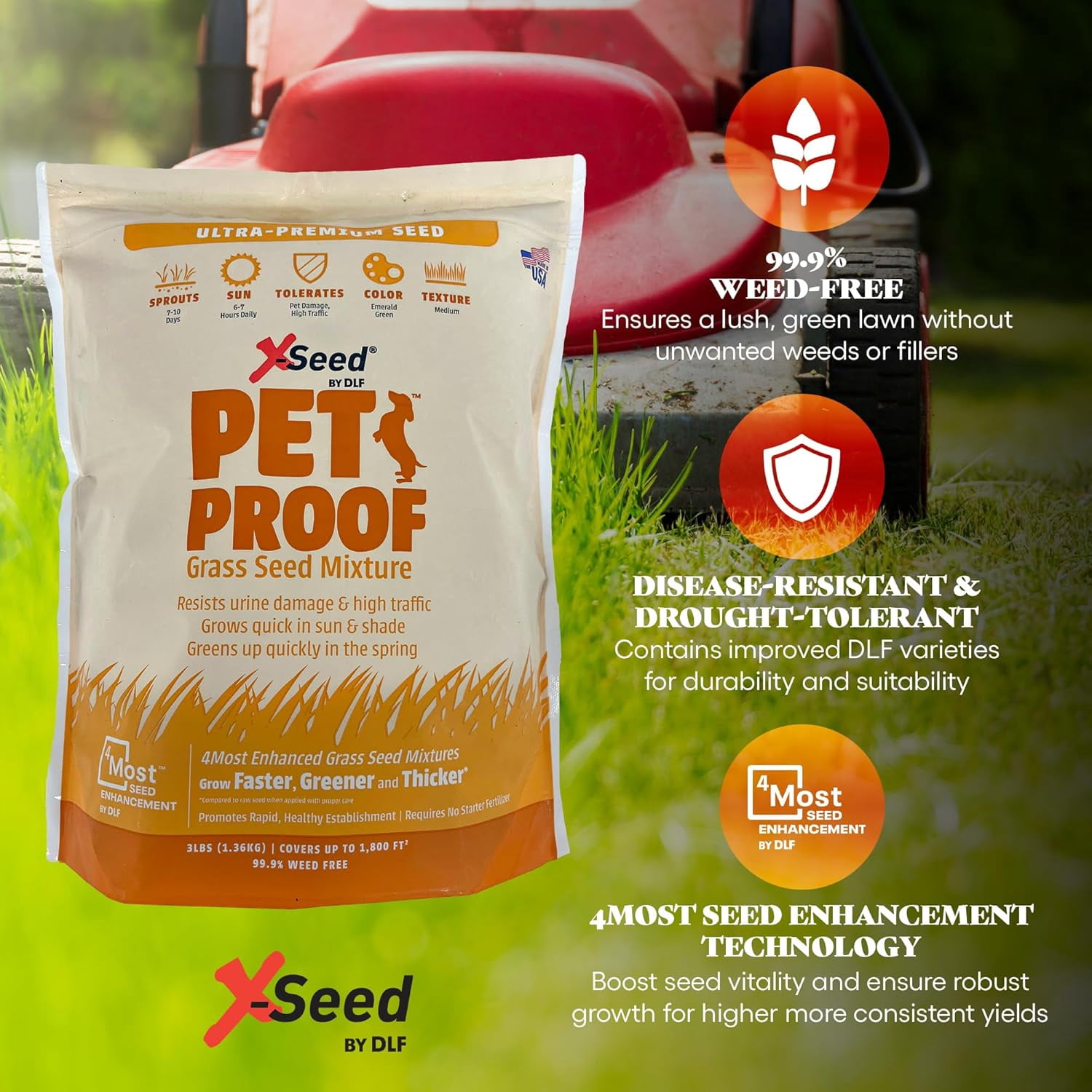 X-Seed Pet Proof Fescue Grass Seed – Dense Lawn for Sun & Shade, Urine Resisitant High Traffic Emerald Green Grass, Rapid Growing In Cool & Sunny Climates,Suited for Dogs – Perennial Blend -3 lb Bag
