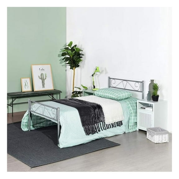 Single Bed Twin Size Bed Frame Metal Platform Headboard Steel Foundation