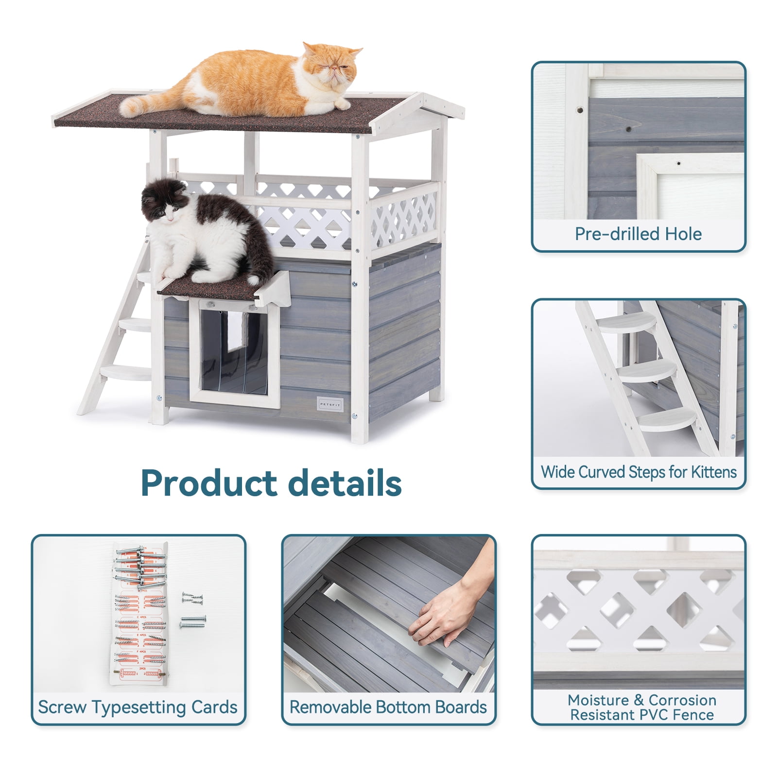 Petsfit Two-Story Outdoor Cat House with Asphalt Roof & Escape Door, Gray