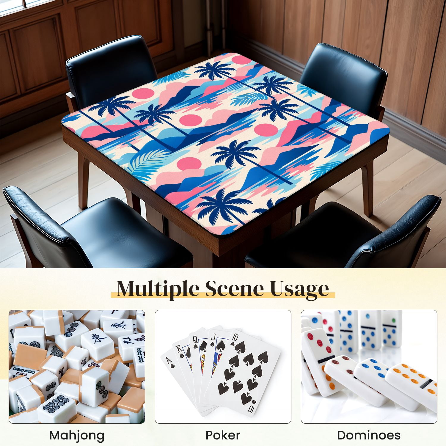 Mahjong Mat 31.5" x 31.5" Tropics sunset sea exotic islands palm trees Anti-Slip and Noise Reduction Symmetry Design Mahjong Tiles Table Cover for Dominoes Poker Card Board and Tile Games