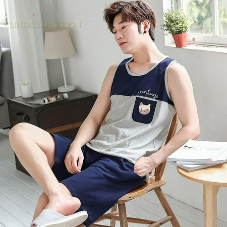 

QWZNDZGR Summer Men Pyjamas 100%Cotton Striped Pajamas Set Casual Sleeveless Sleepwear Pyjamas Night Suits Pijamas Plus Size 4XL Home PJ