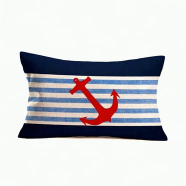 Nautical Summer Anchor Stripe Pillow Covers - Outdoor Beach Ocean Theme Cotton Linen Lumbar Cushion Case - Red Navy Blue Waist Throw Pillow Cover