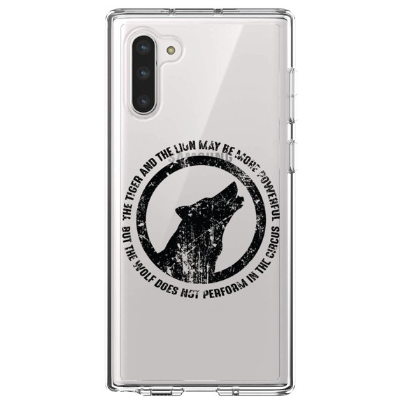 DistinctInk Clear Shockproof Hybrid Case for Samsung Galaxy Note 10 (6.3" Screen) - TPU Bumper Acrylic Back Tempered Glass Screen Protector - Lion & Tiger Powerful, Wolf Not in Circus