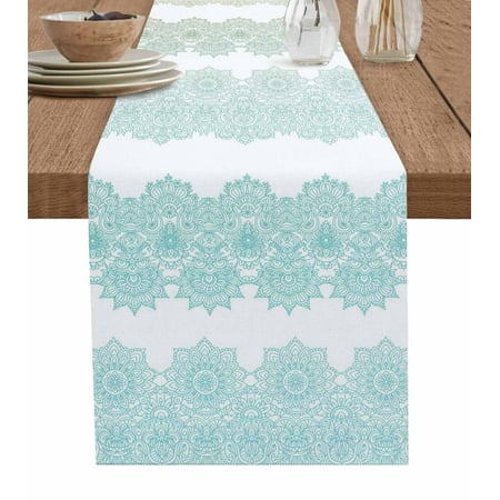 

Teal Yellow Boho Table Runner Vintage Ethnic Tribe Abstract Art Tablerunners 18 x 72 Inch Table Decorations Tabletop Scarf for Summer Gathering Holiday Farmhouse Kitchen Dining Decor