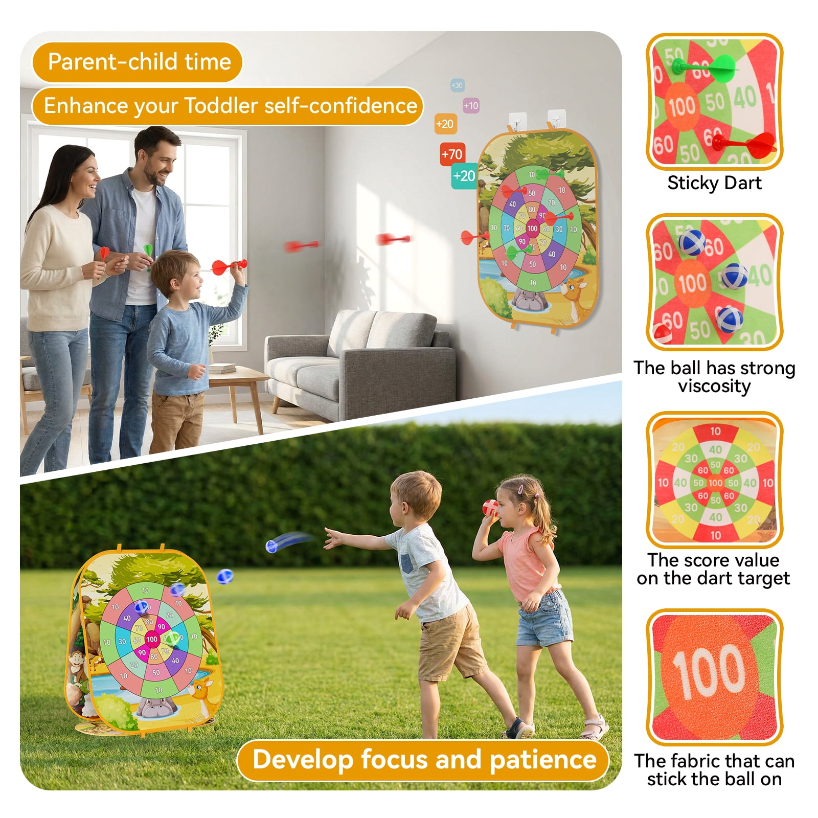 KNMDU 4-in-1 Cornhole Board Set with Bean Bag Toss, Soccer Goal, Safe Darts and Throwing Ball for Kids Ages 3-8