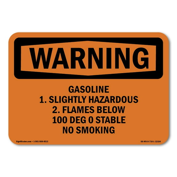OSHA WARNING Sign - Gasoline 1. Slightly Hazardous 2. Flames | Plastic Sign | Protect Your Business, Work Site, Warehouse & Shop Area | Made in the USA