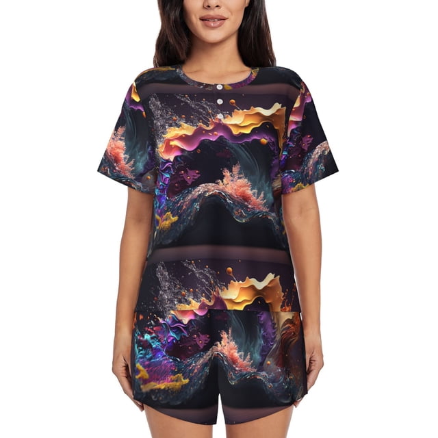 Fotbe Explosive Fluid Splash Art Conjunto de Pijama Estampado para Mujer, 2 Piezas, Ropa de Dormir con Camiseta de Manga Corta y Shorts Suaves-X-Large