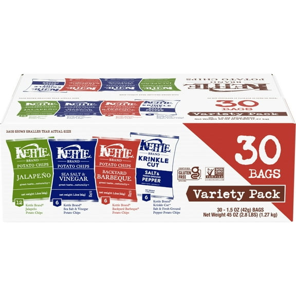 Kettle Brand Potato Chips, Variety Pack, 30 Ct Snack Bags, 1.5 oz Each