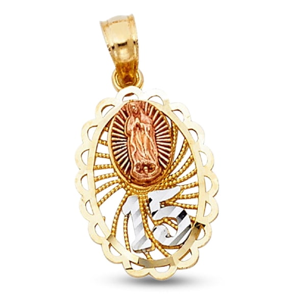 Oval 15 Birthday Guadalupe Pendant 14k Yellow White Rose Gold Quinceanera Charm Tri Color 18 x 12 mm