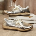 thumbnail image 4 of pwidon Women's Lace Up Ballet Flats Satin Bow Strap Retro Walking Casual Fashion Sneaker Flat Dress Shoes Gold 8.5, 4 of 8