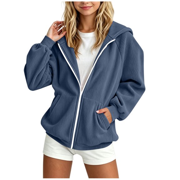 Hduncf Zip Up Hoodies for Girls Y2K Casual Long Sleeve Hooded Sweatshirts with Pockets Jacket Fall Winter Clothes Blue 7-8Years