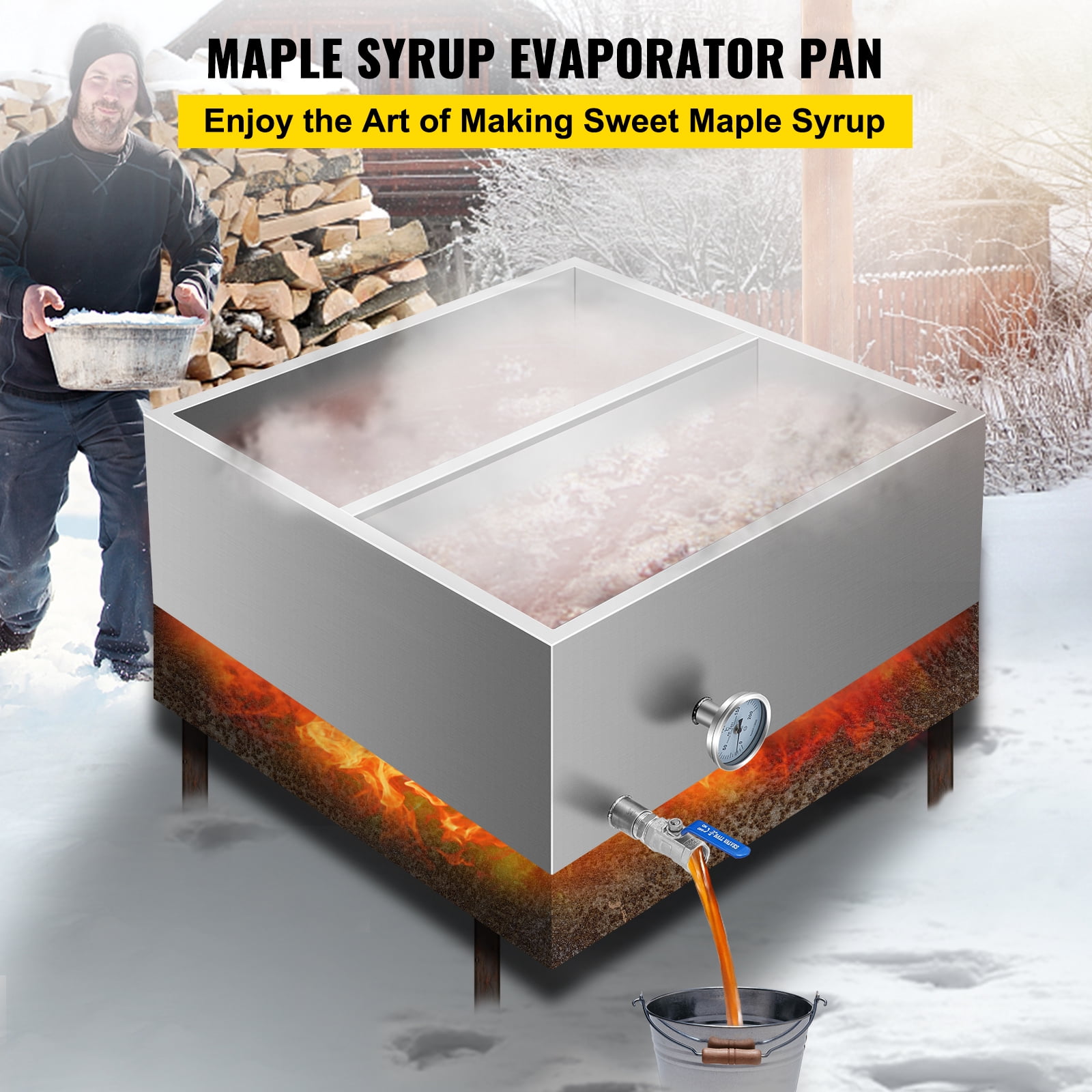 VBENLEM Maple Syrup Evaporator Pan - 36x24x18.5 Inch Stainless Steel With Valve & Thermometer