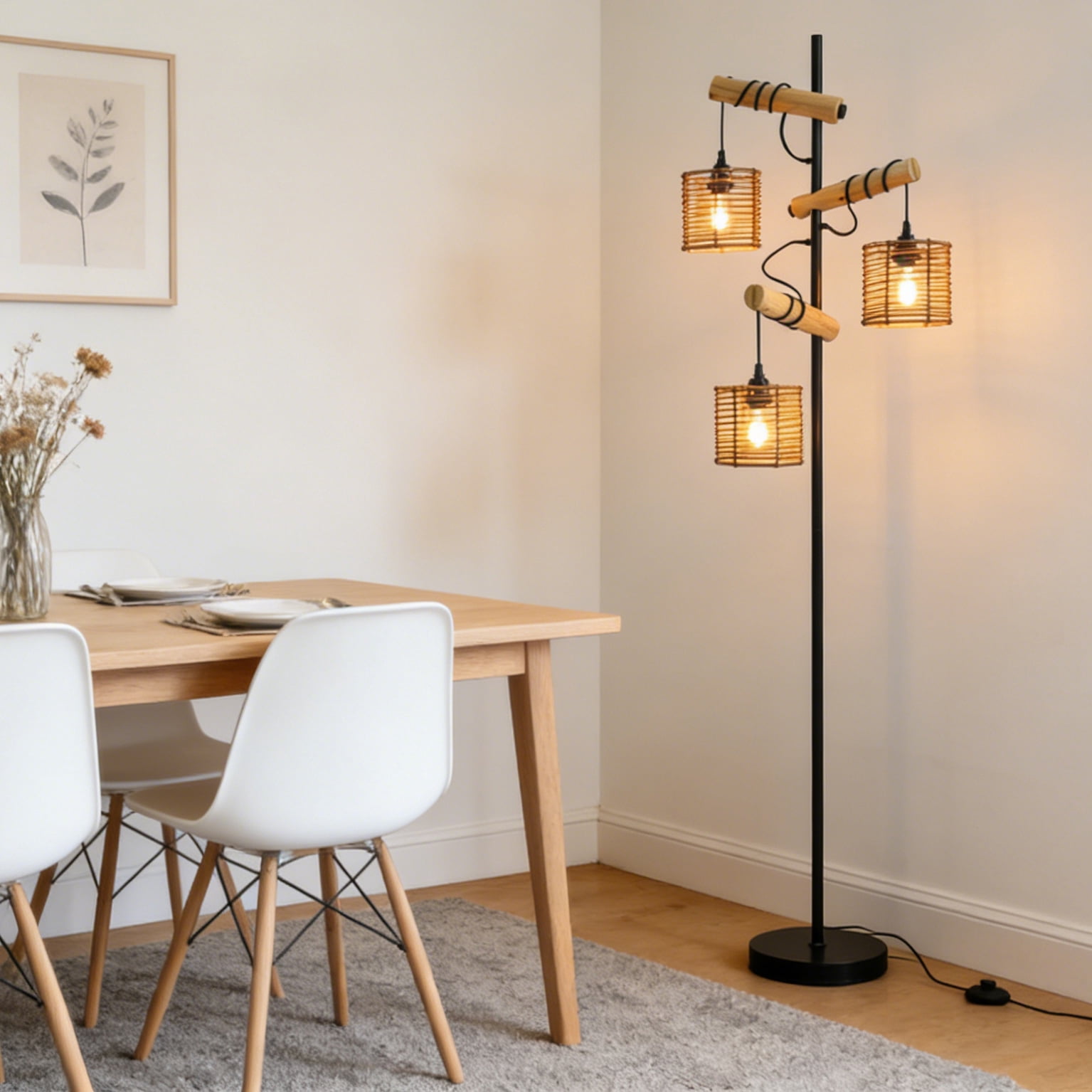 Unique  Tree  Floor Lamp Rattan Shade with  Standing Lamps Decor for Bedroom Living Room Office