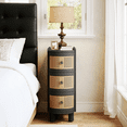 thumbnail image 3 of Tribesigns 3-Drawer Rattan End Table, Solid Wood Sofa Side Table with Vintage Embossed Handles for Living Room, Bedroom, No Assembly, Black & Oak, 3 of 7