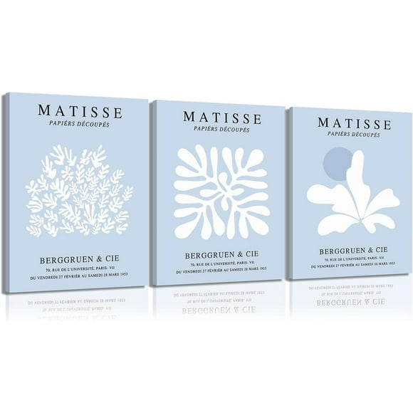 TRAHOO-Light Blue Matisse Wall Art Set of 3 Abstract Flower Market Wall Decor Modern Minimalist Henri Matisse Canvas Poster Aesthetic Prints Trendy Exhibition Pictures Framed 12X16 In