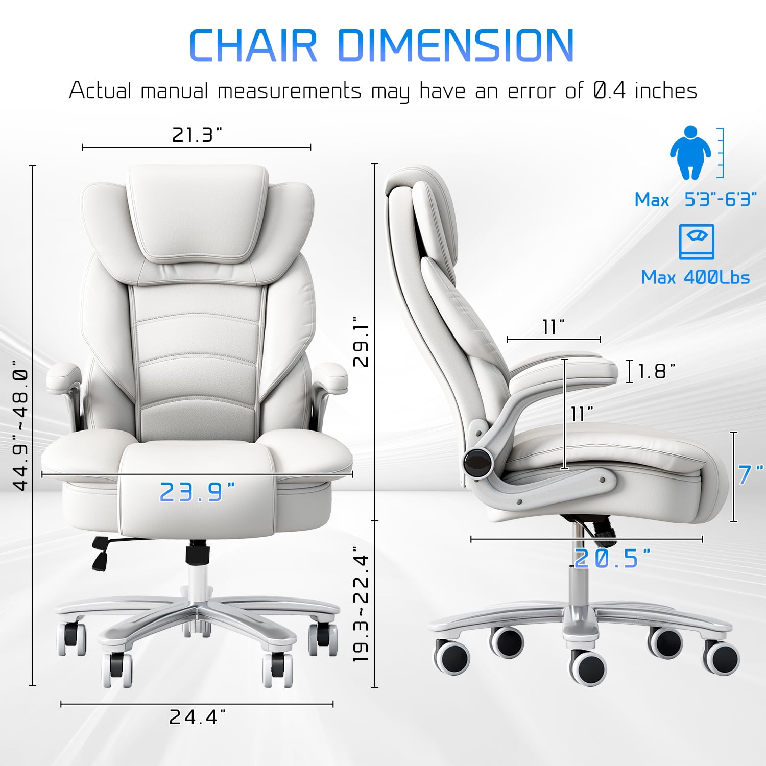 iooHug Big and Tall Office Chair 400lbs, Ergonomic Desk Chair with Lumbar Support, Flip-Up Arms, Faux Leather High Back Computer Chair for Home Office, White