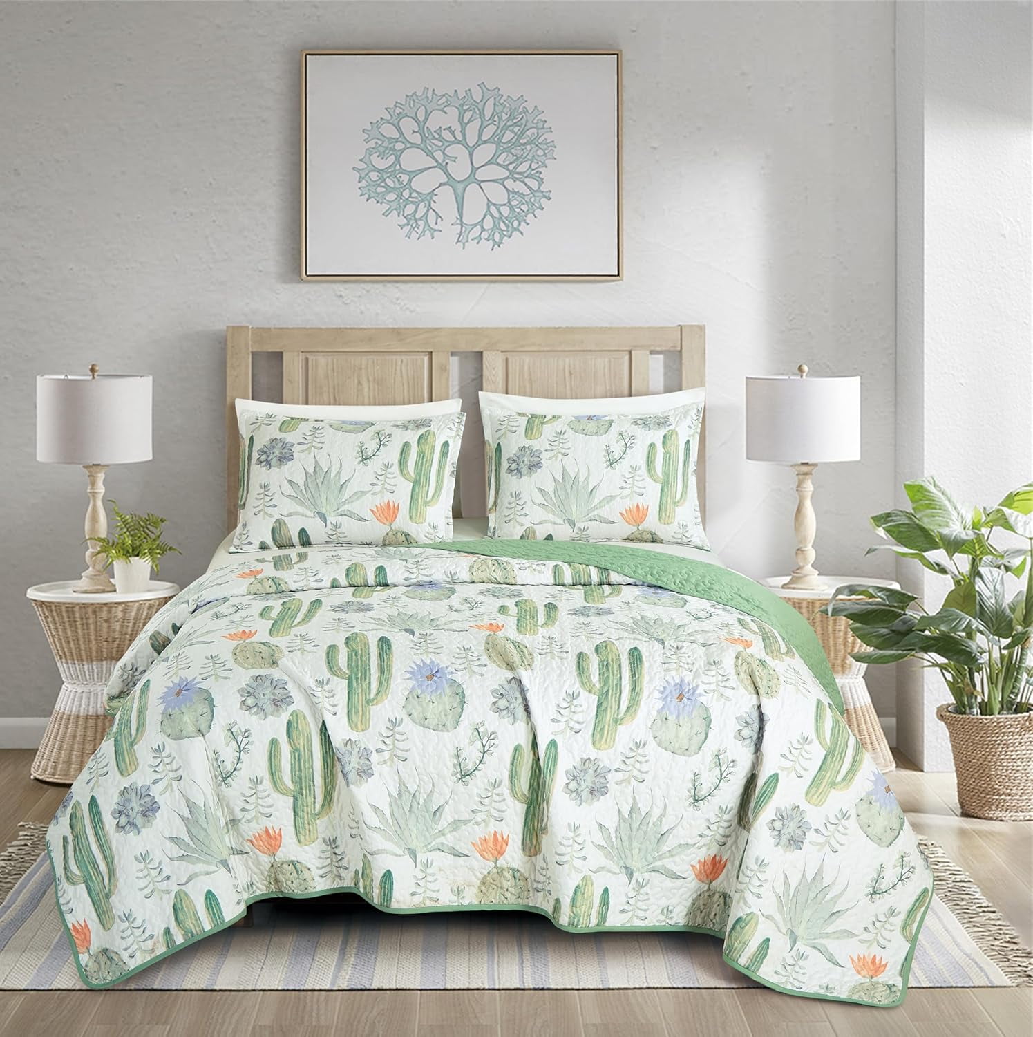 Chezmoi Collection Gregory 3-Piece Southwestern Serene Desert Quilt Set, Green Blue Cactus Succulent Plant Printed Microfiber Lightweight Quilted Bedspread Set, King (118" x 95")