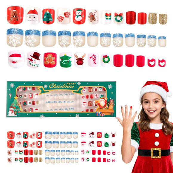 Uñas postizas adhesivas para niñas Kawyehu, 72 piezas, navideñas