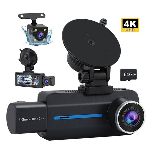 3 Canales Dash Cam, Parte Delantera Trasera 4K/2.5K+1440P 3.16" Full HD con Wi-Fi y Tarjeta de 64GB Grabadora de Tablero de Automóvil Pantalla IPS, Visión Nocturna Gran Angular, Sensor G, Estacionamiento las 24 Horas, Grabación en Bucle