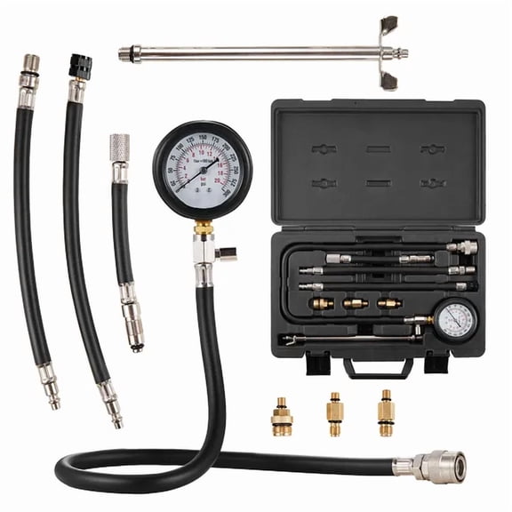 9-Piece Compression Tester Adapter Kit for Automotive Engine Cylinder Leak Down Tests,Accurate Dual Scale Pressure Gauge up to 300 psi,Includes Long Reach Hoses and Case