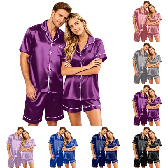 OIOLOYJM Couple Pajama Sets for Men Loose Fit Daily Wear for Women with Pocket Silk Satin Smooth Button Up Short-Sleeve Pj Sets 2 Piece Relaxed Fit Casual Sets Purple 4XL