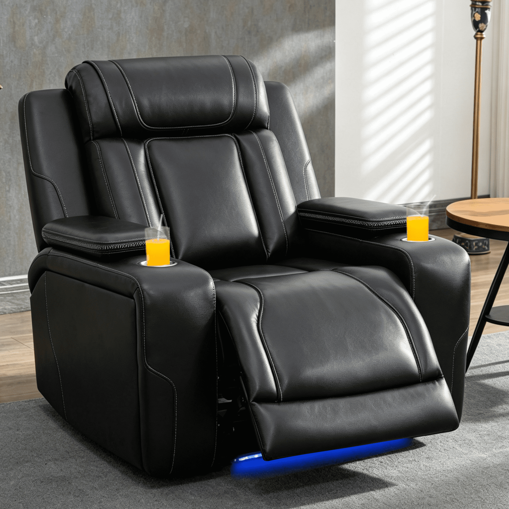 Gewnee Power Recliner Chair, Adjustable Reclining Lounge Chair with USB Ports, LED Lights & Cup Holders, Air Leather Upholstered Single Sofa Recliner for Living Room, Office, Black