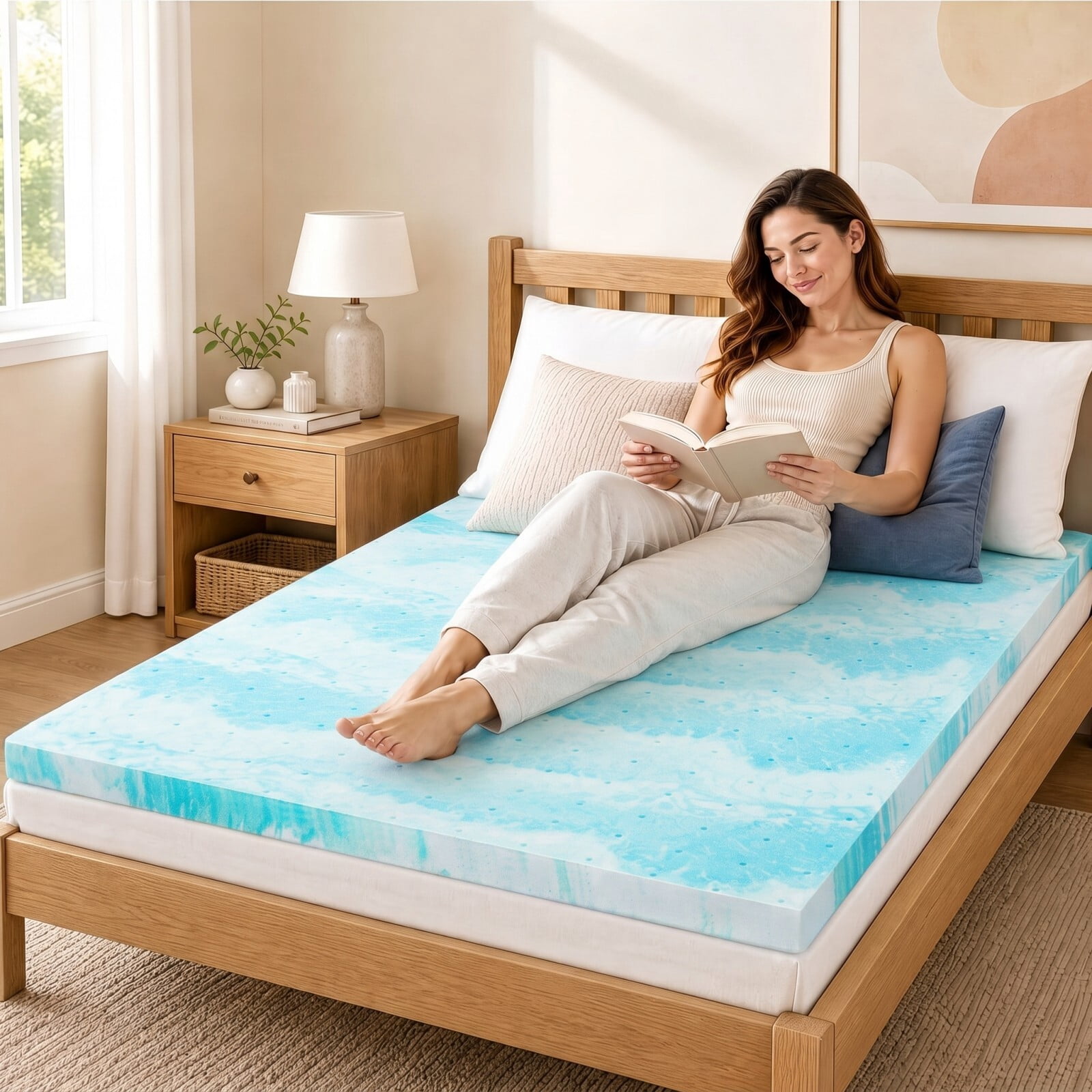 Kelno TwinXL Size Mattress Topper 3IN Cooling Gel Memory Foam Ventilated Breathable Bed Topper for Pressure Relief, Swirl Blue