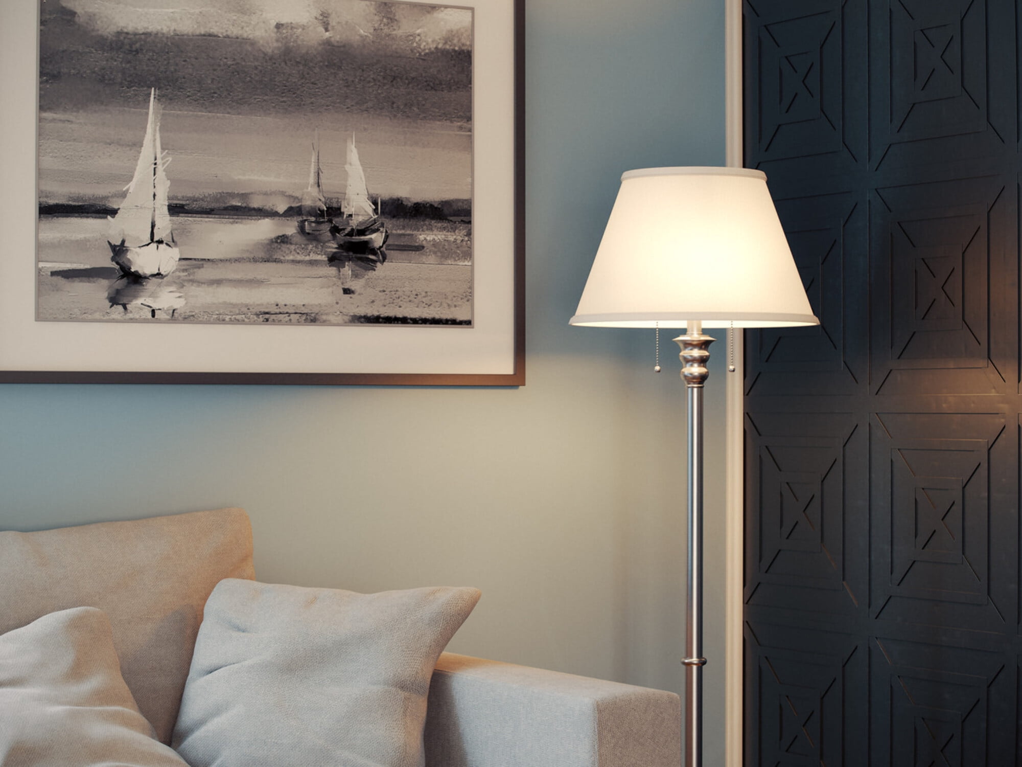 Kenroy Home Spyglass 59.5'' Floor Lamp with Off-White Fabric Empire Shade Traditional Floor Light Fixture for Living Room, Bedroom, or Office, Brushed Steel