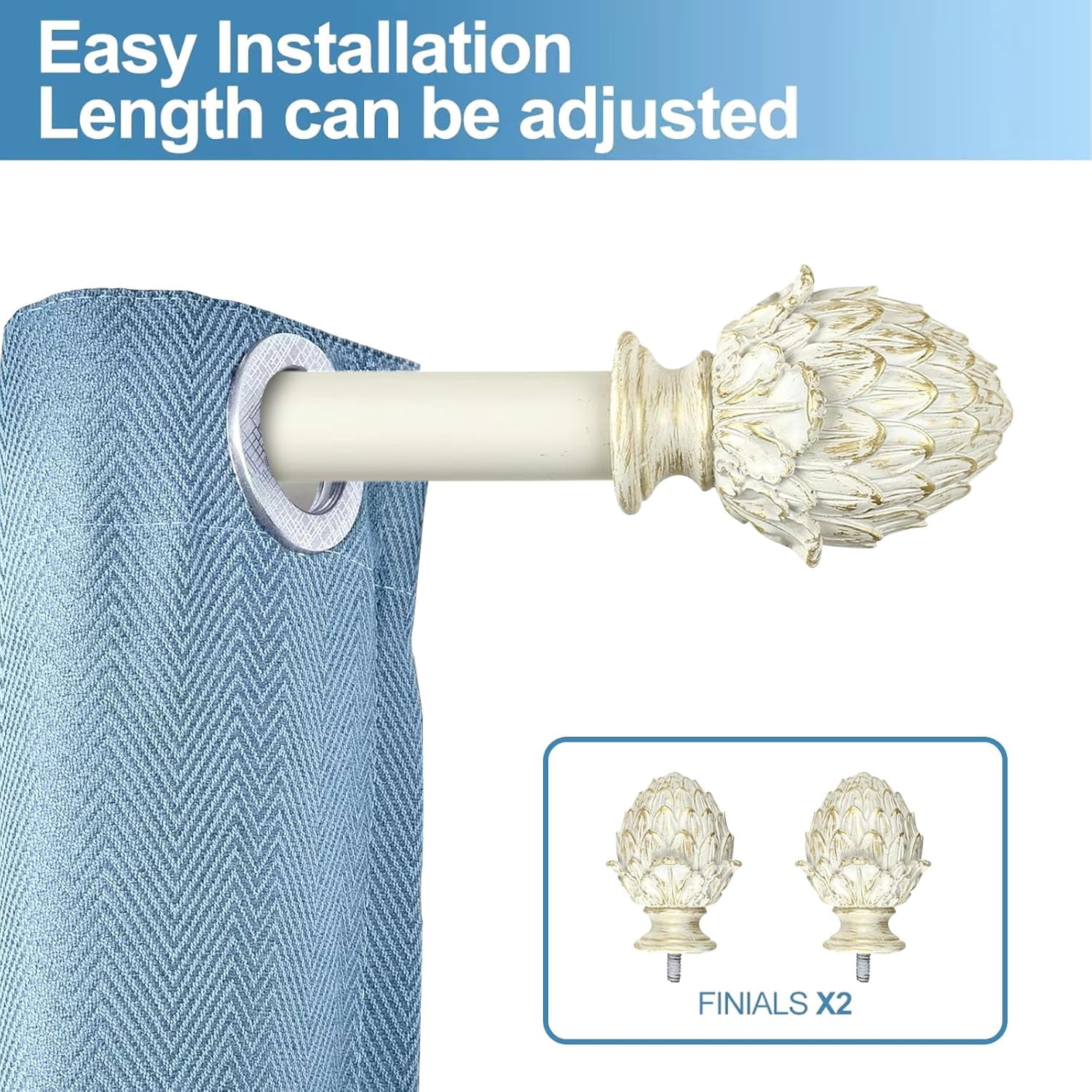 Urbanest Adjustable Single Curtain Rod Set Gilded Artichoke Finials – 1 - Inch Diameter, With French White Rod, 48–84 Inches