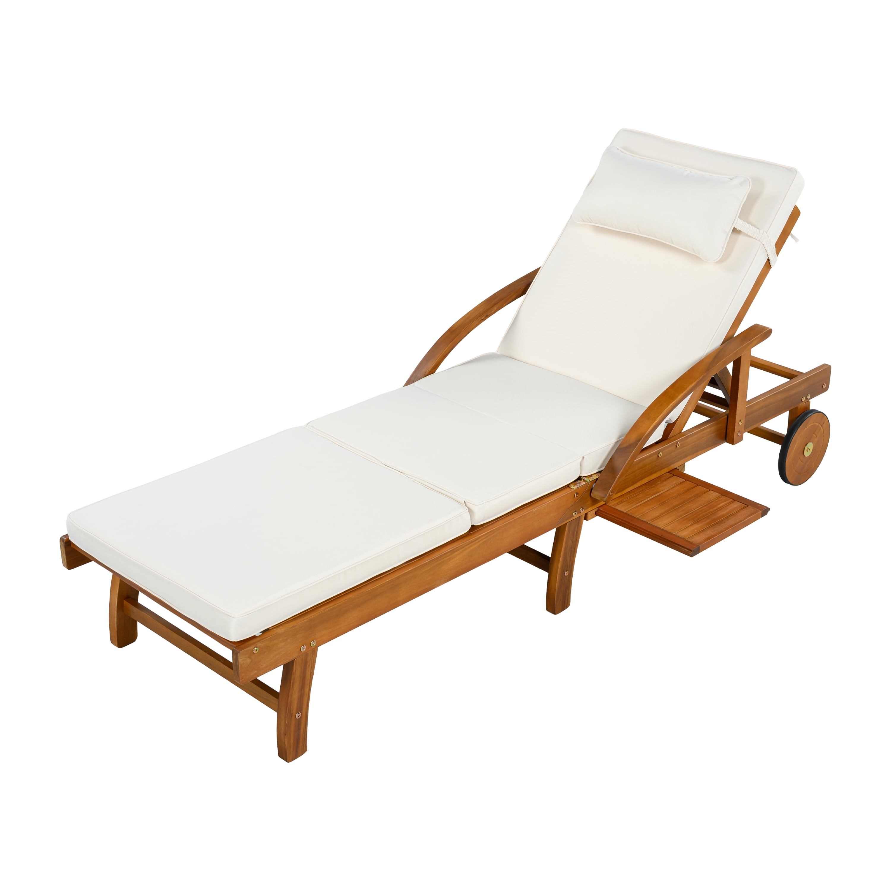 Mintazer 77.5" Adjustable Outdoor Chaise Lounge with Cushion & Headrest, Wheeled Pool Lounge Chair with Retractable Side Tray, Natural & Beige