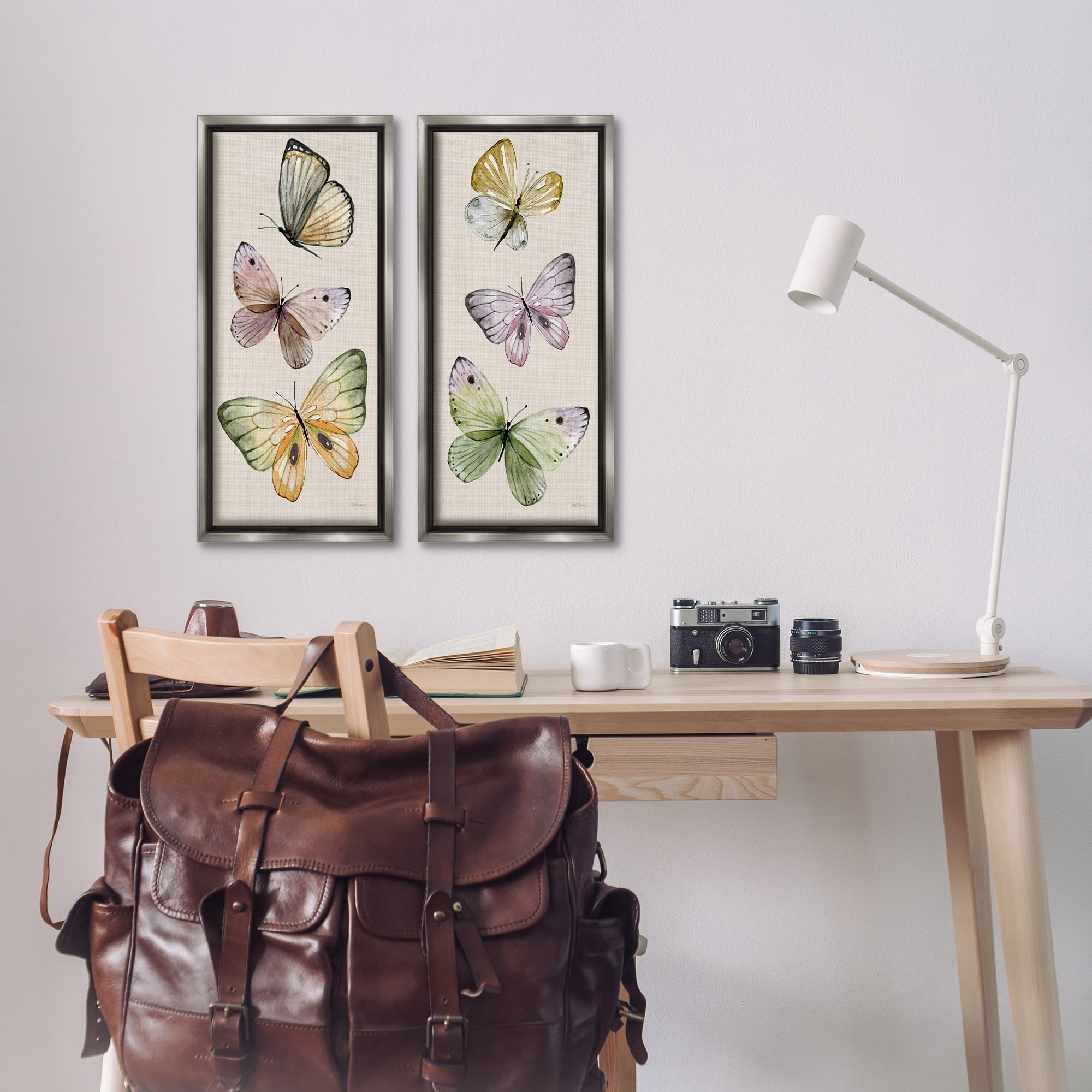 Stupell Industries Delicate Winged Butterfly Trio Animals Painting Gray Floater Framed Canvas Art Print Wall Art, 11 x 25, Set of 2