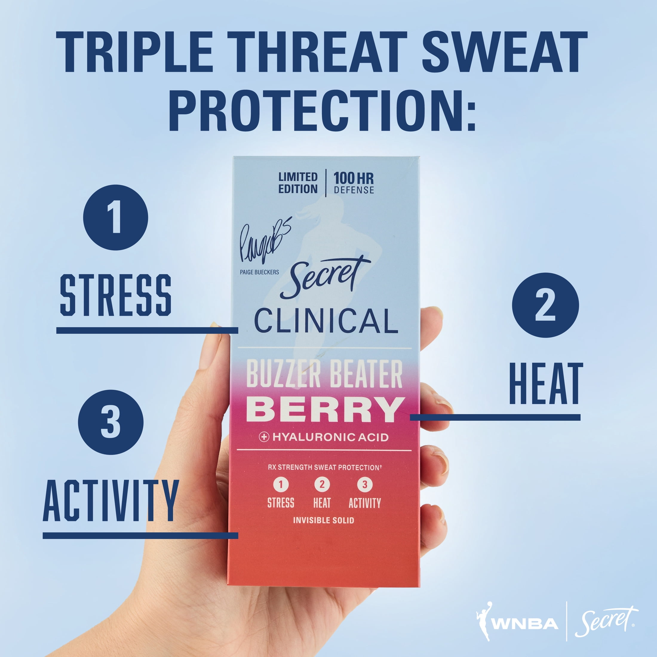 Secret Clinical Strength 100HR Hyaluronic Acid Antiperspirant Deodorant for Women, Invisible Solid, Paige Bueckers Buzzer Beater Berry, 2.6 oz