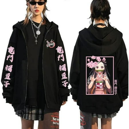Kamado Nezuko Hoodie Jacket Tanjiro Zipper Sweatshirt Anime Nezuko Cosplay Kamado Tanjirou Zipper Novelty Jacket Unisex