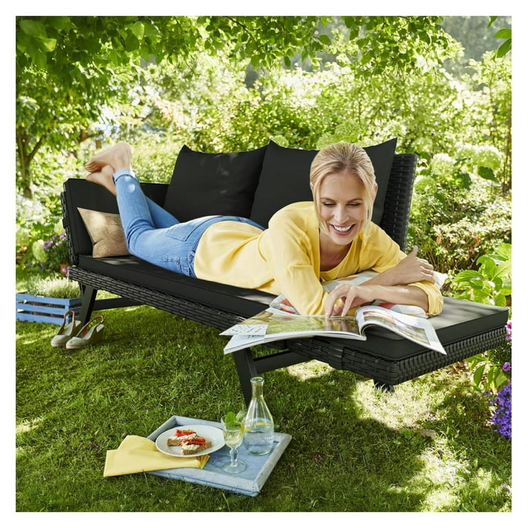 XylehR Outdoor Convertible Sofa Woven Rattan Patio Furniture Sunbed with Adjustable Armrests Removable Cushions and Pillows for Patio Porch Pool Black Lounger Black Pillowcase Walmart