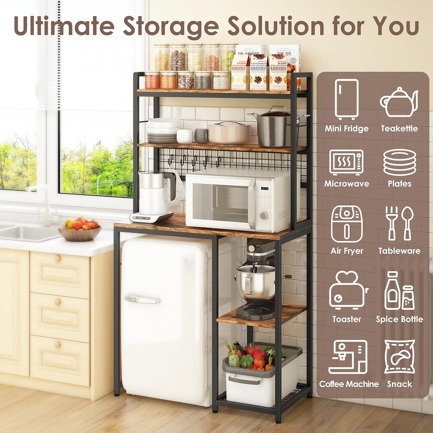 Multi-Functional Mini Fridge Stand with Wheels, Wooden Mini Fridge & Microwave Storage Shelves, Large Bakers Rack and Storage for Kitchen Appliances, Perfect for Dorm Kitchen Coffee Bar
