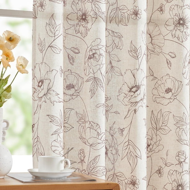 Cortinas de lino con estampado floral JINCHAN 100x240cm Marrón 2 paneles