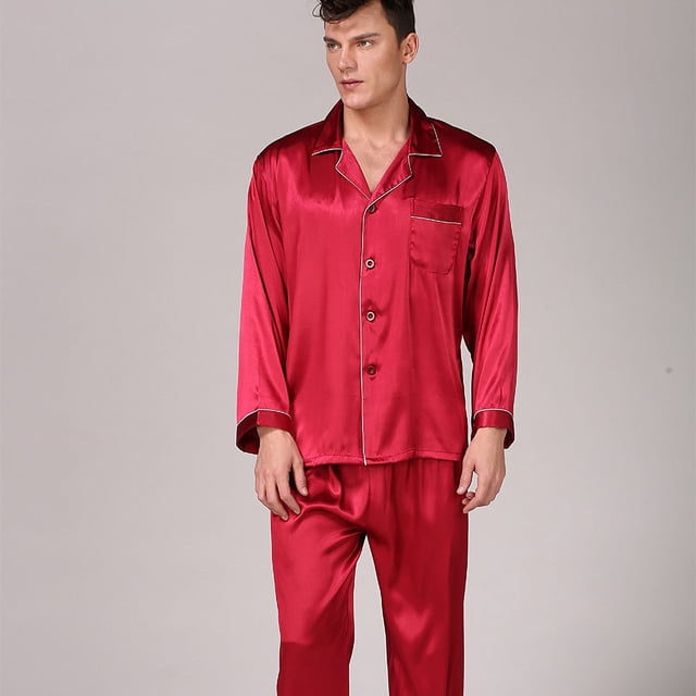 Pijama de seda de hielo de seda negra para hombre, traje de verano de manga larga de color sólido, ropa de hogar de verano de talla grande para hombre
