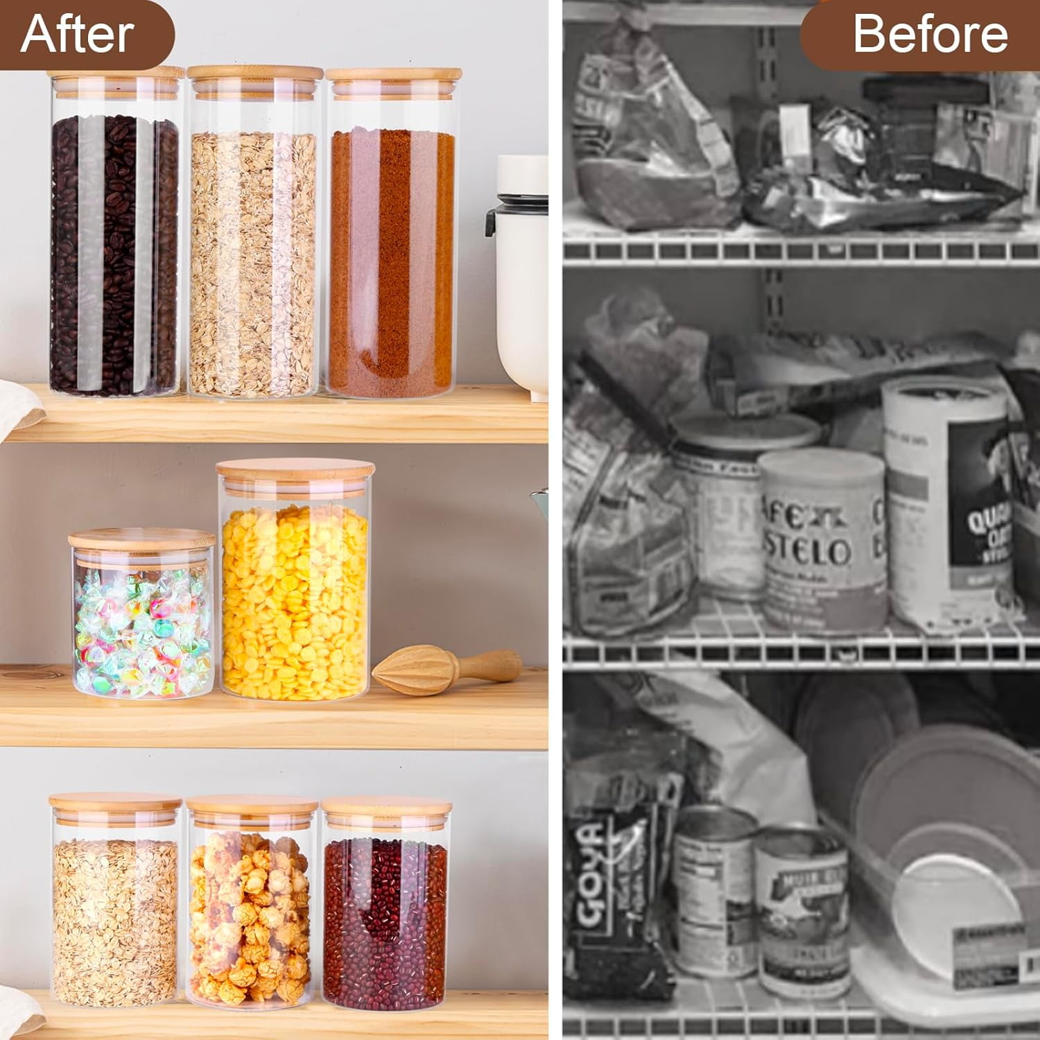 Panzexin Glass Food Storage Jars, Food Containers with Airtight Bamboo Lids for Pasta, Cookies, Nuts, Coffee Beans, Cereal, Glass Canisters for Kitchen, Pantry Organization,Set of 4