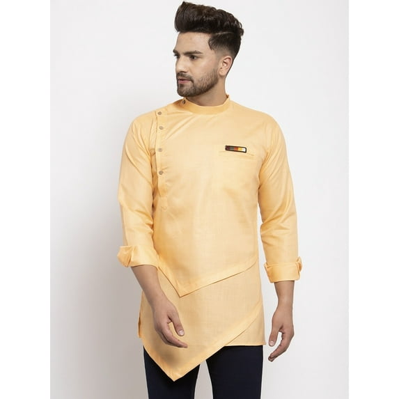 eloria Men's Trending Indian Traditional Solid Peach-Coloured Asymmetric Kurta
