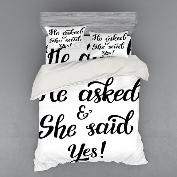 Ambesonne Saying Bedding Set 4 Pcs, Wedding Engagement, Queen, Black and White