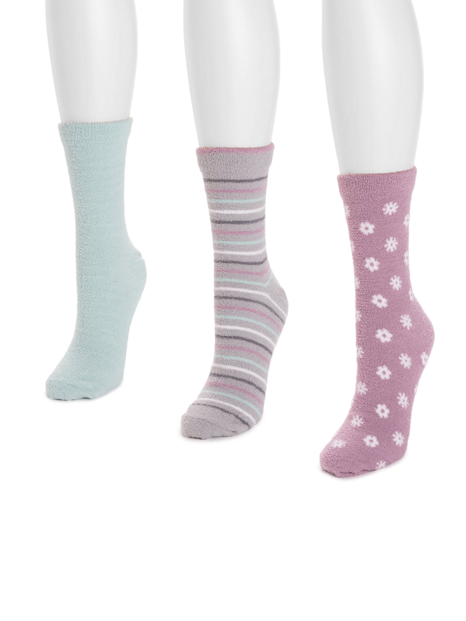 Muk Luks Women's Regular Crew Compression Socks, 3-Pack, Shoe Sizes 6-10,Purple Flower