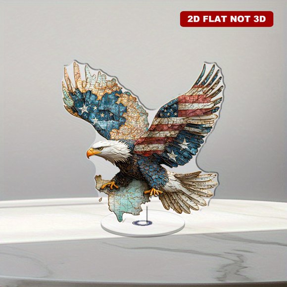 Revolving acrylic ornament featuring a beautifully detailed bald eagle adorned with the American flag and United States map on a bright white background