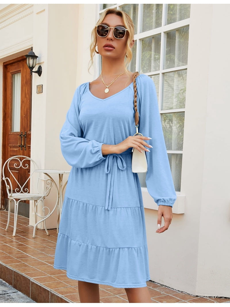 HA-EMORE Women's Long Puff Sleeve Babydoll Dresses Solid Color Casual V  Neck Tiered Swing Dress with Pockets and Belt Women Long Sleeve Tunic Dress  Ruffle Swing Babydoll Midi Dresses - Walmart.com