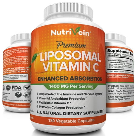 Nutrivein Liposomal Vitamin C 1400mg - 180 Capsules - High Absorption Ascorbic Acid - Supports Immune System and Collagen Booster - Powerful Antioxidant High Dose Fat Soluble Supplement- Vegan (Best Immune Support Supplement)