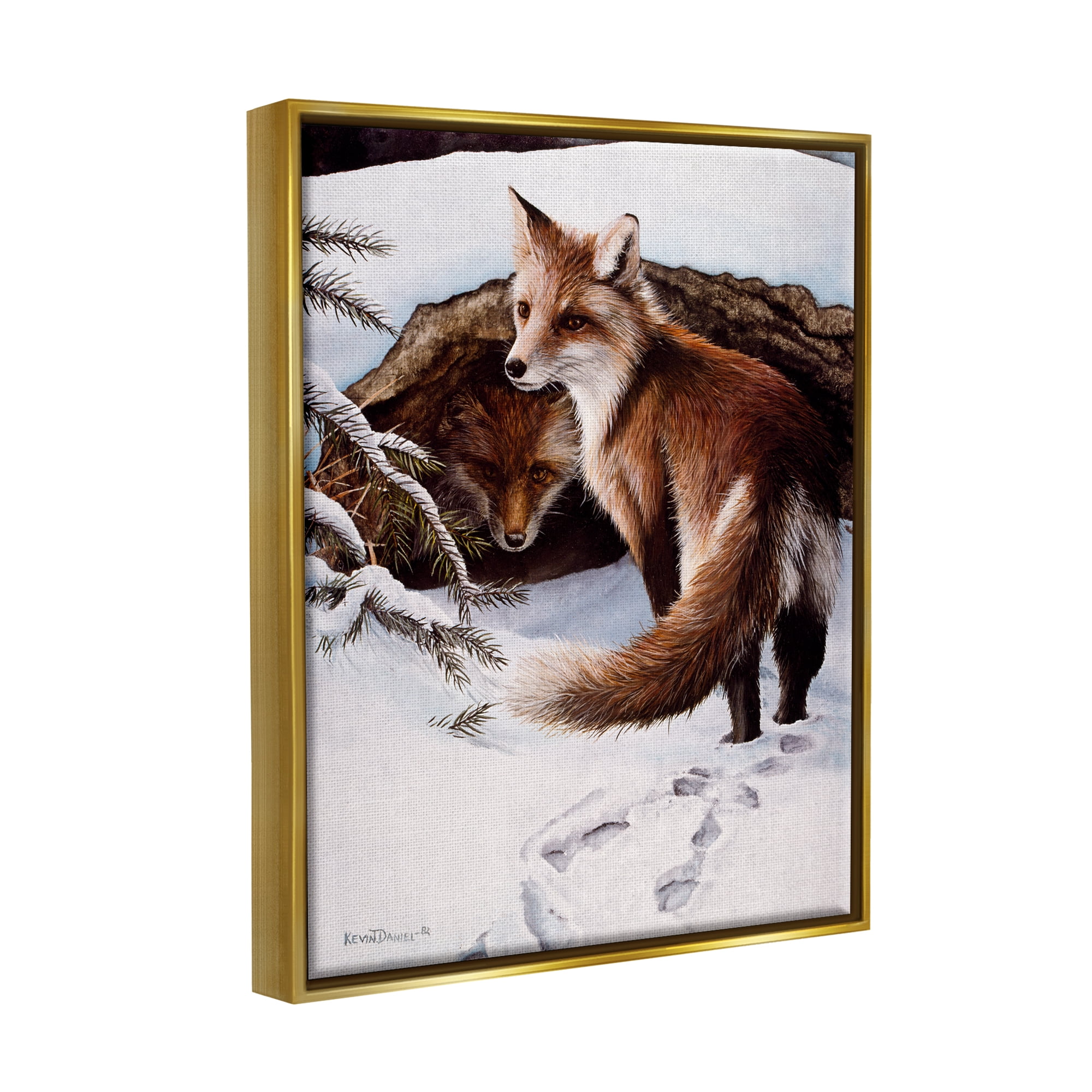 Stupell Industries Winter Foxes Wildlife Scene Animals & Insects Painting Gold Floater Framed Art Print Wall Art, 17 x 21