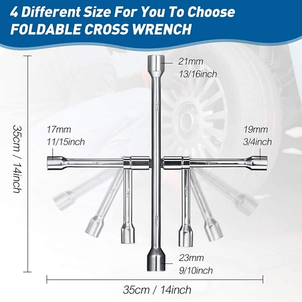 14 Inch Foldable Cross Wrench Folding Lug Wrench 4 Way Sliding Lug