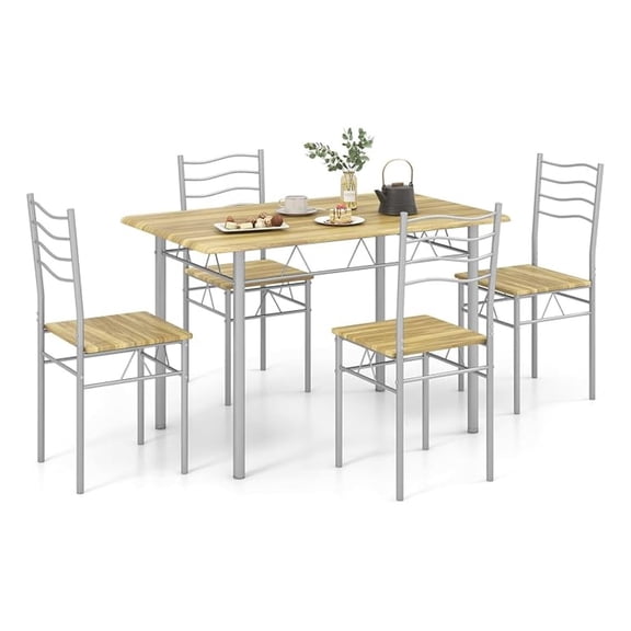 Kitchen Table Chairs Set of 4, 5 Piece Metal Rectangular Dinette Set w/Non-Slip Pad, Space-Saving Design, Modern Dining Room Table Set for Small Place Breakfast Nook Restaurant (Light-Walnut)