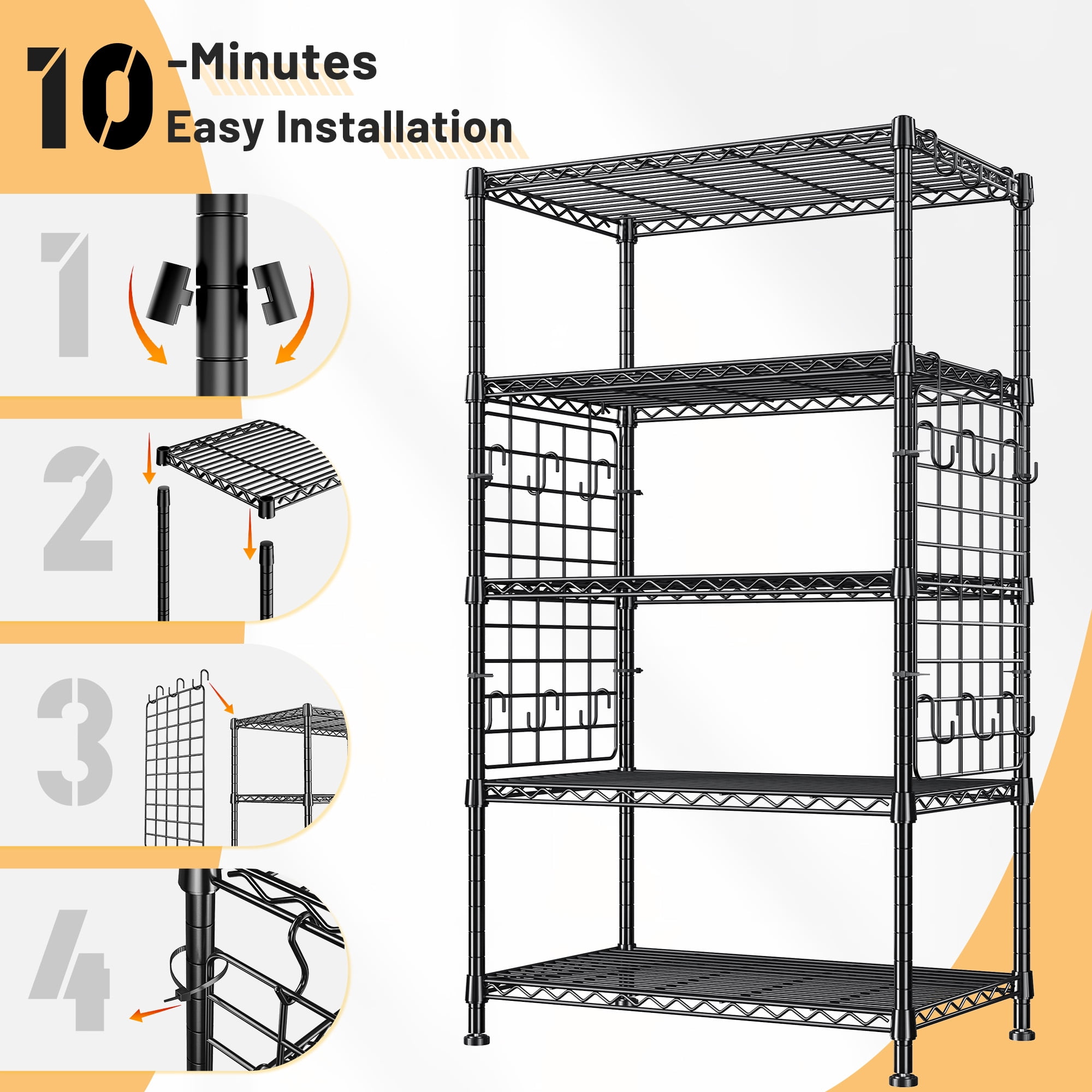 REIBII 5-Tier Metal Shelving Unit with Side Mesh & Hooks,Adjustable Wire Storage Rack,Narrow Pantry Shelf Organizer for Kitchen,Laundry,Garage,Bathroom,Black